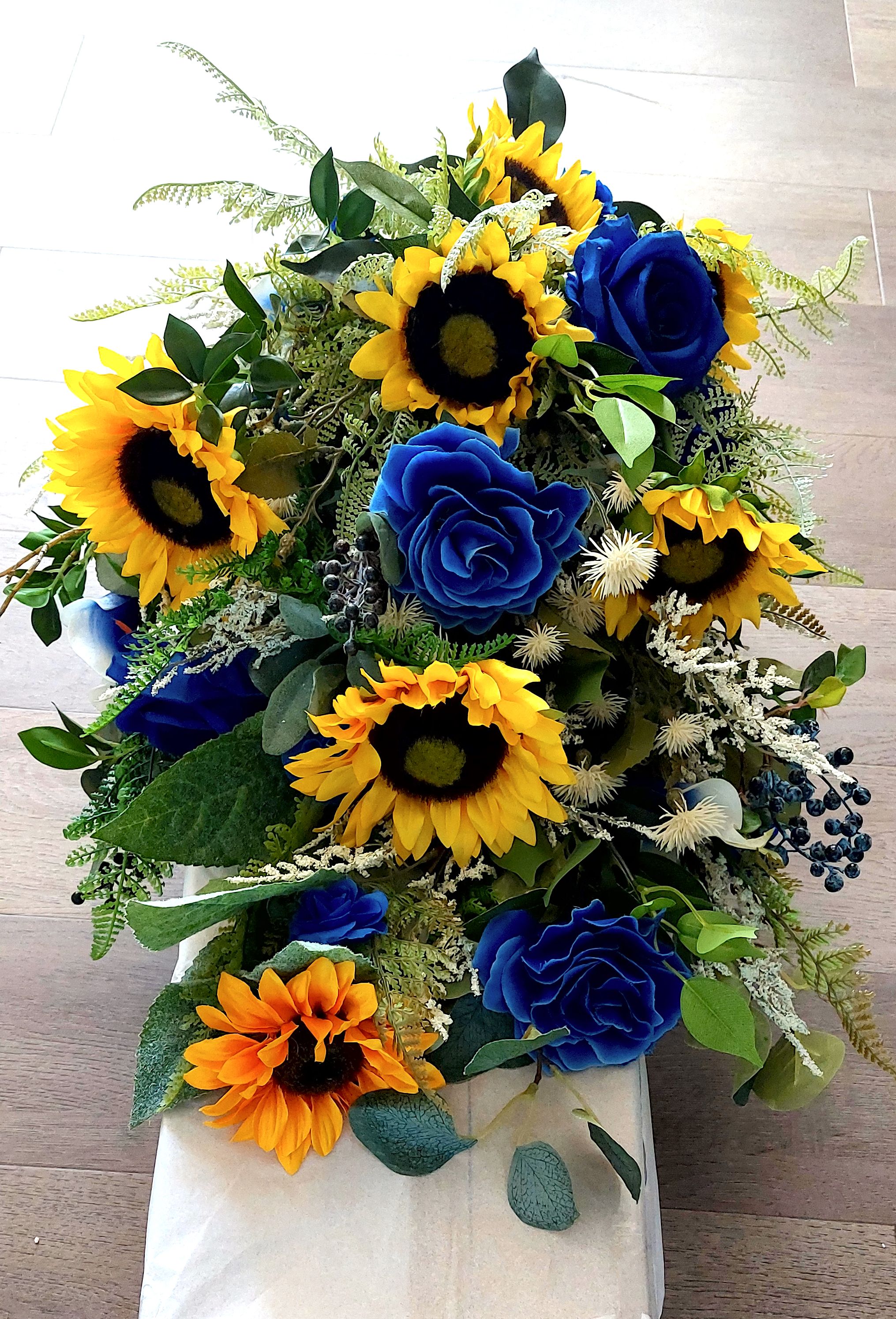Bold Artificial Sunflowers and Blue Roses Cascading Bouquet