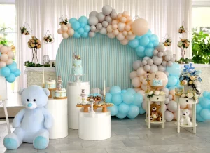 Luxury balloon installation with elegant garlands and decorative balloons creating a stylish backdrop for weddings, parties, and special events.