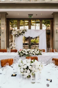 Elegant wedding colour palette inspiration with blush pink, sage green, and gold décor styling for a romantic wedding celebration.